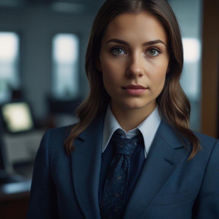 Mujer de negocios con traje de negocios azul oscuro