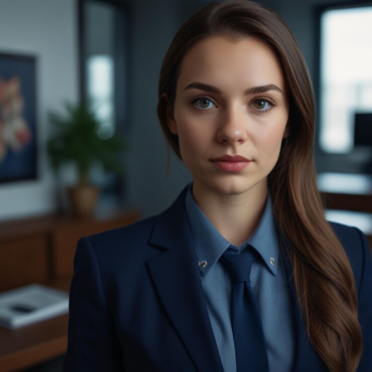 Mujer de negocios con traje de negocios azul oscuro
