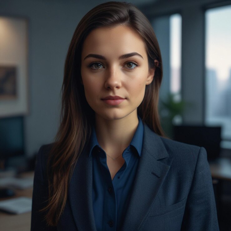 Mujer de negocios con traje de negocios azul oscuro