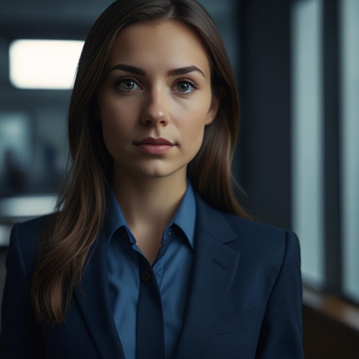 Mujer de negocios con traje de negocios azul oscuro