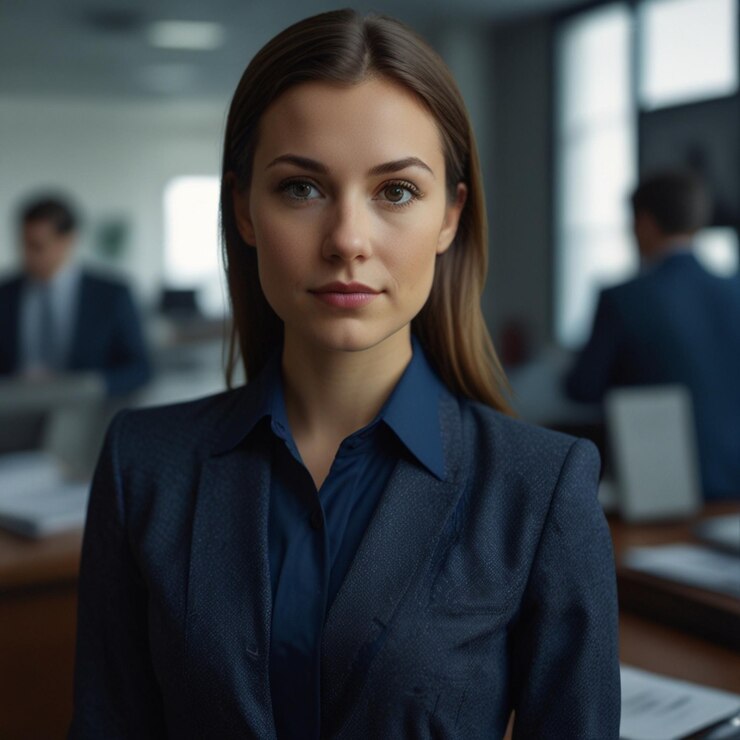 Mujer de negocios con traje de negocios azul oscuro