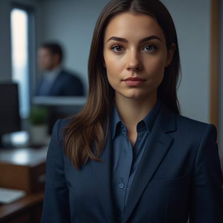 Mujer de negocios con traje de negocios azul oscuro