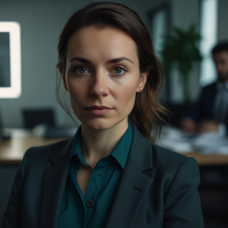 Mujer de negocios con traje de negocios verde oscuro