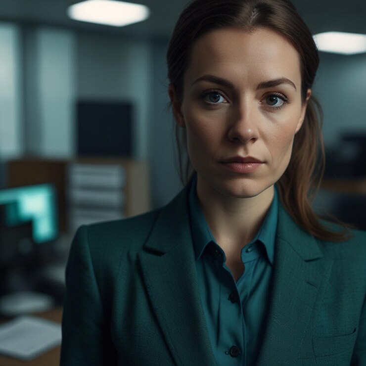 Mujer de negocios con traje de negocios verde oscuro