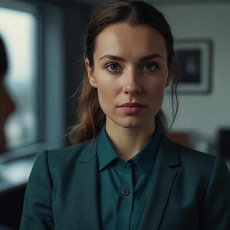 Mujer de negocios con traje de negocios verde oscuro
