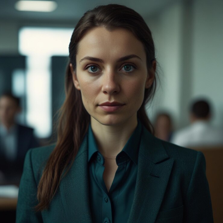 Mujer de negocios con traje de negocios verde oscuro