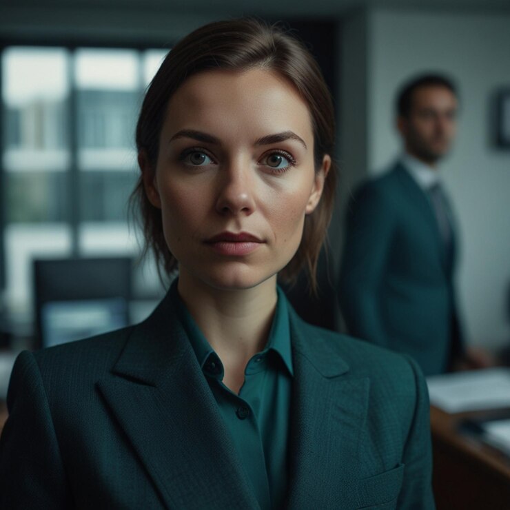 Mujer de negocios con traje de negocios verde oscuro