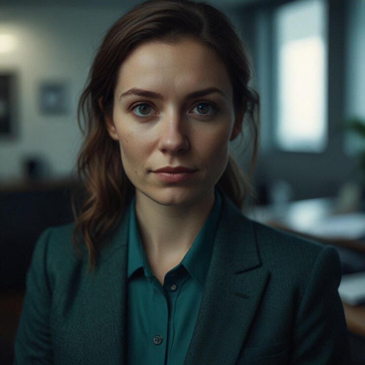 Mujer de negocios con traje de negocios verde oscuro