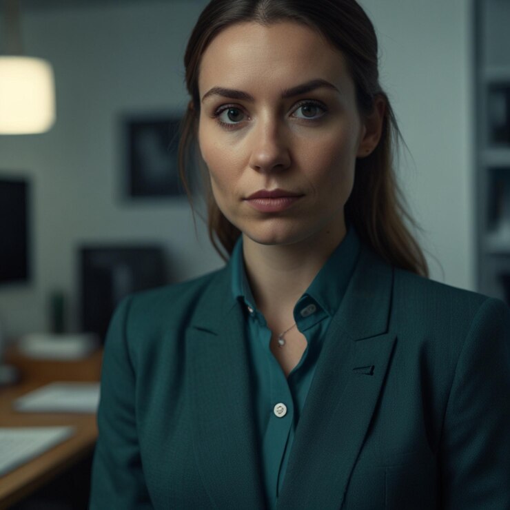 Mujer de negocios con traje de negocios verde oscuro
