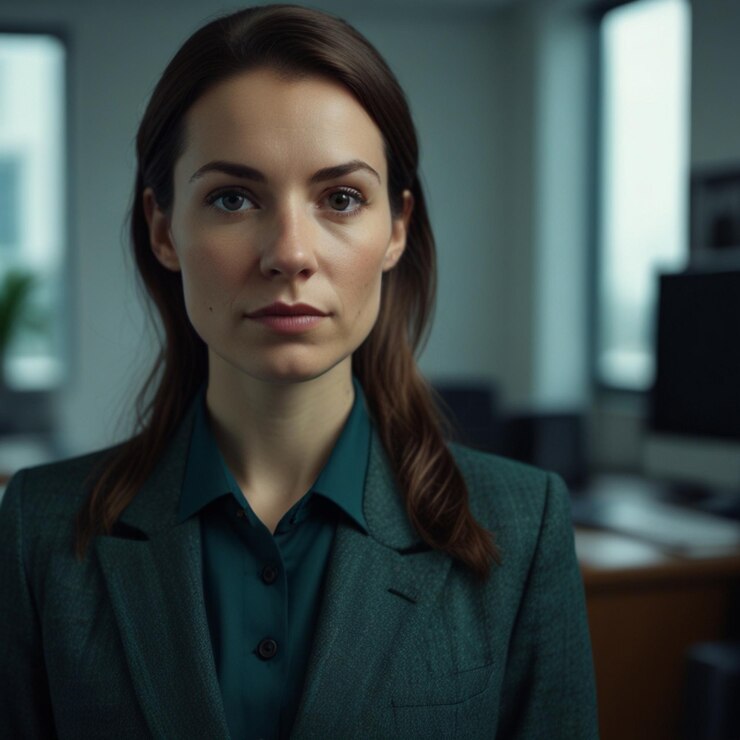 Mujer de negocios con traje de negocios verde oscuro