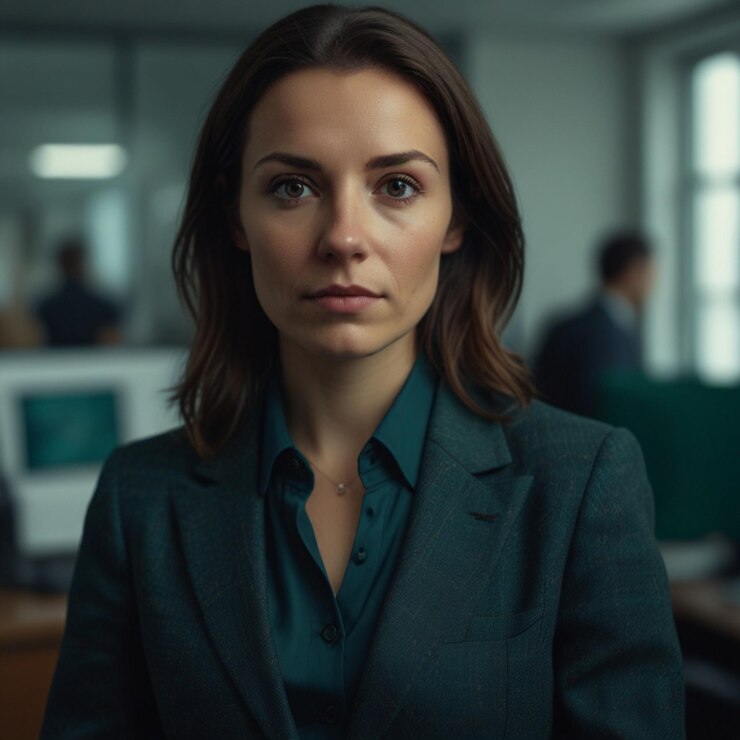 Mujer de negocios con traje de negocios verde oscuro
