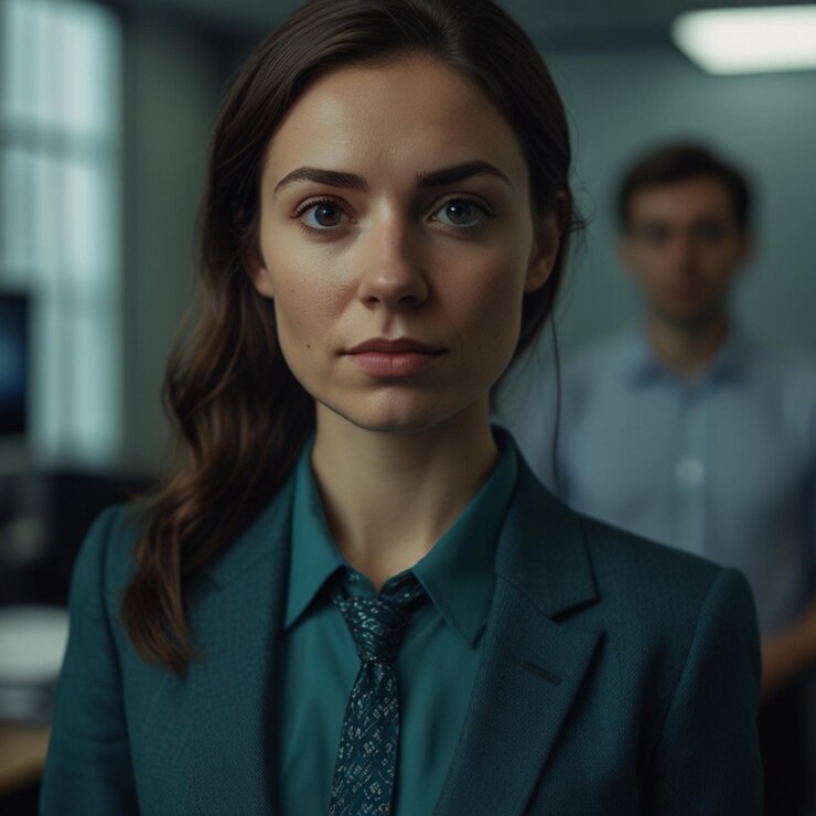 Mujer de negocios con traje de negocios verde oscuro