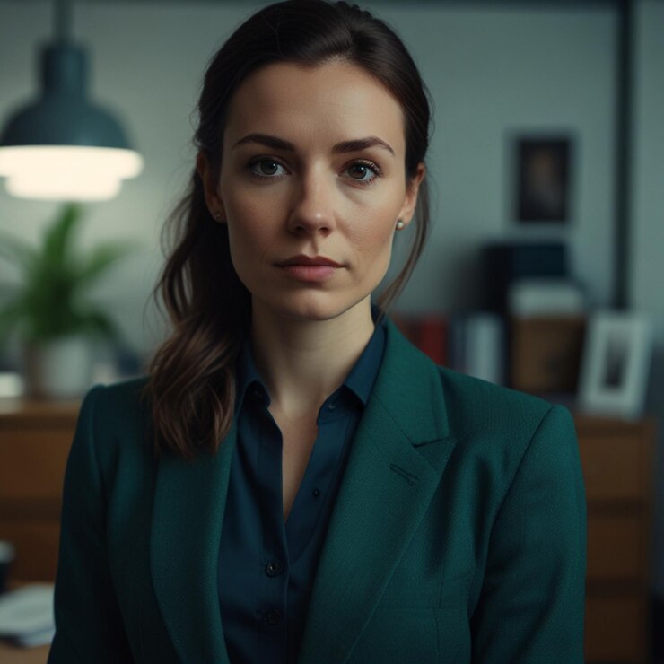 Mujer de negocios con traje de negocios verde oscuro