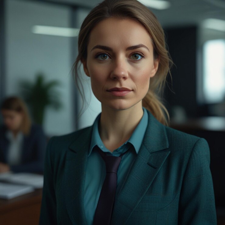 Mujer de negocios con traje de negocios verde oscuro