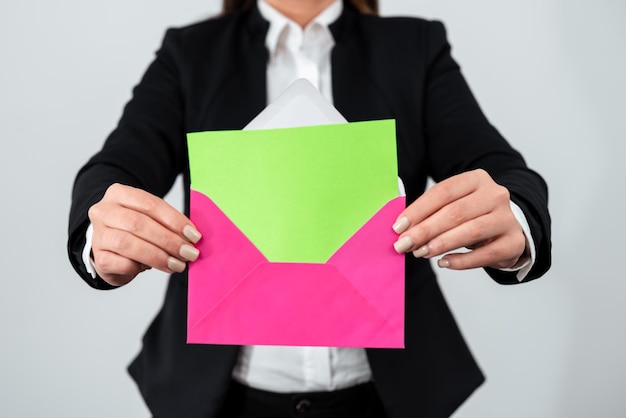 Mujer de negocios con traje con sobre y carta con información esencial mujer elegante