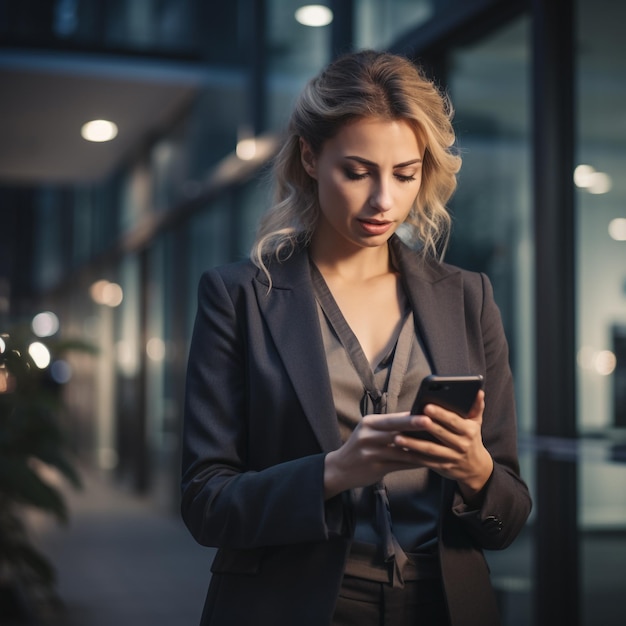 Una mujer de negocios tratando de escribir un mensaje por teléfono