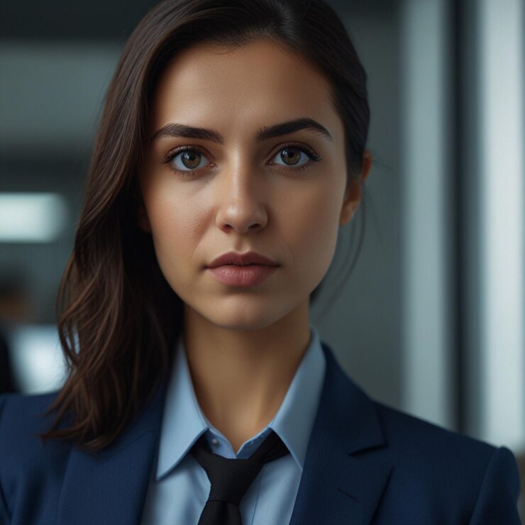 Mujer de negocios turca en traje de negocios azul