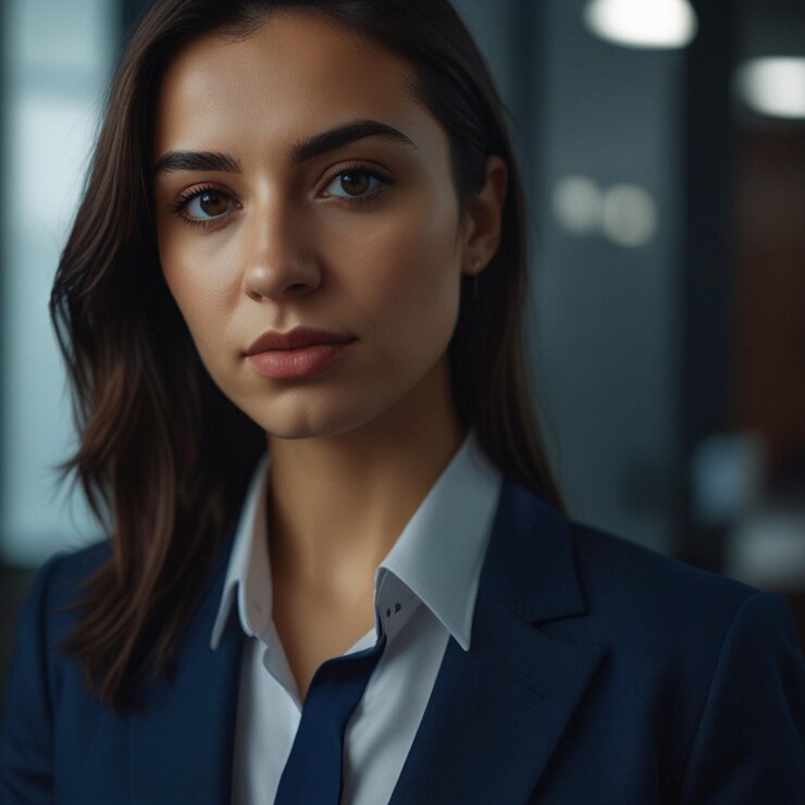 Mujer de negocios turca en traje de negocios azul