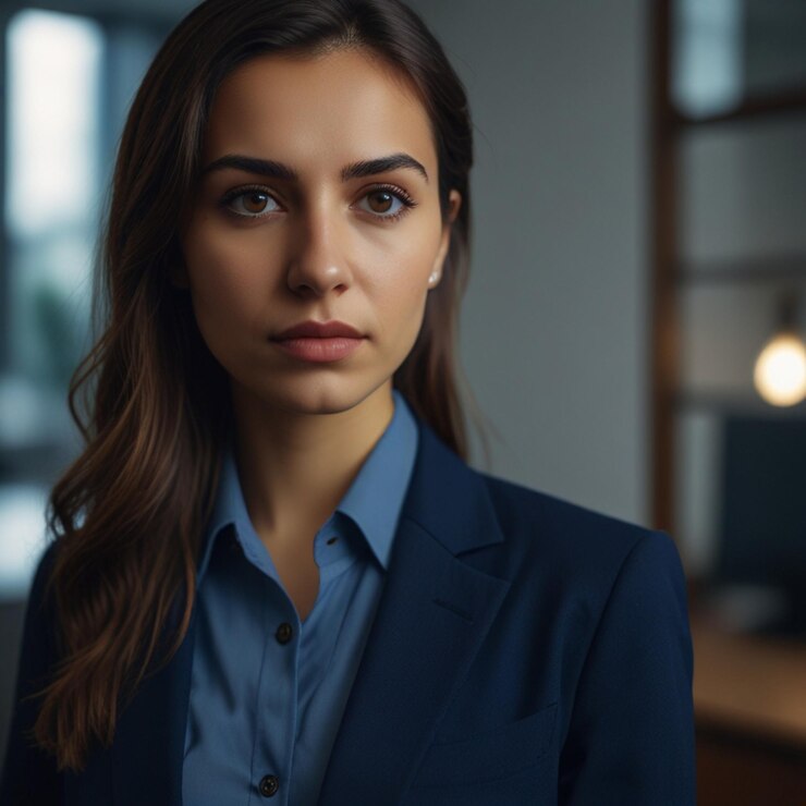 Mujer de negocios turca en traje de negocios azul