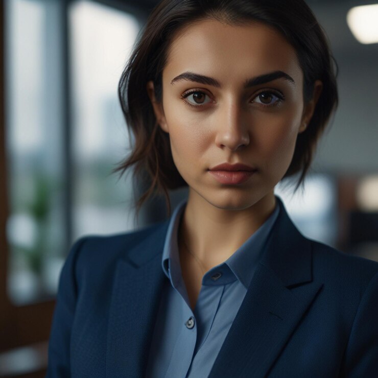 Mujer de negocios turca en traje de negocios azul