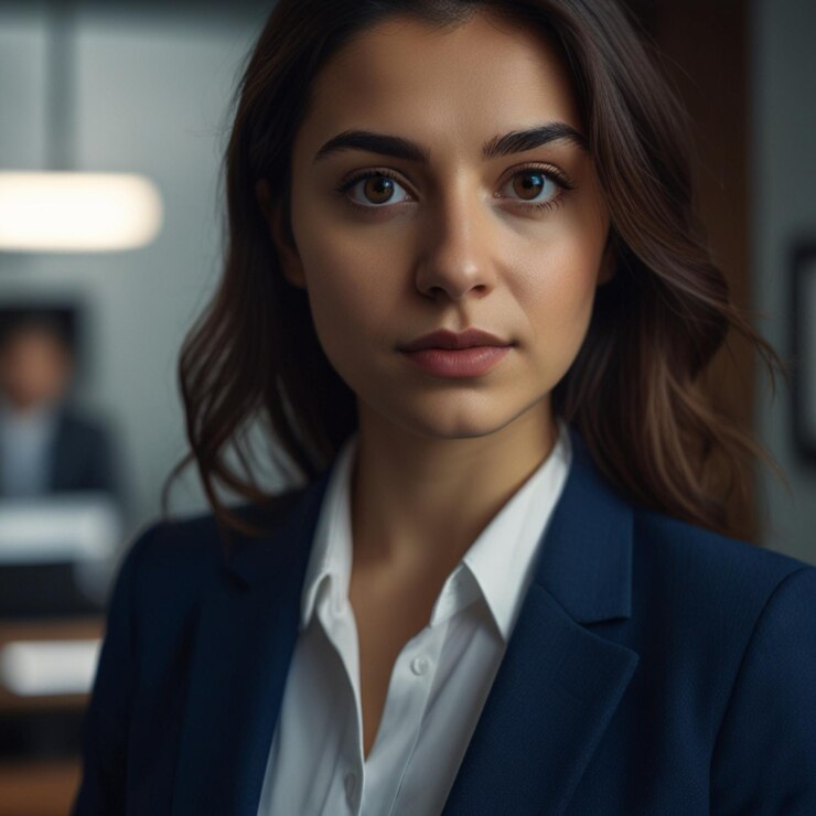 Mujer de negocios turca en traje de negocios azul