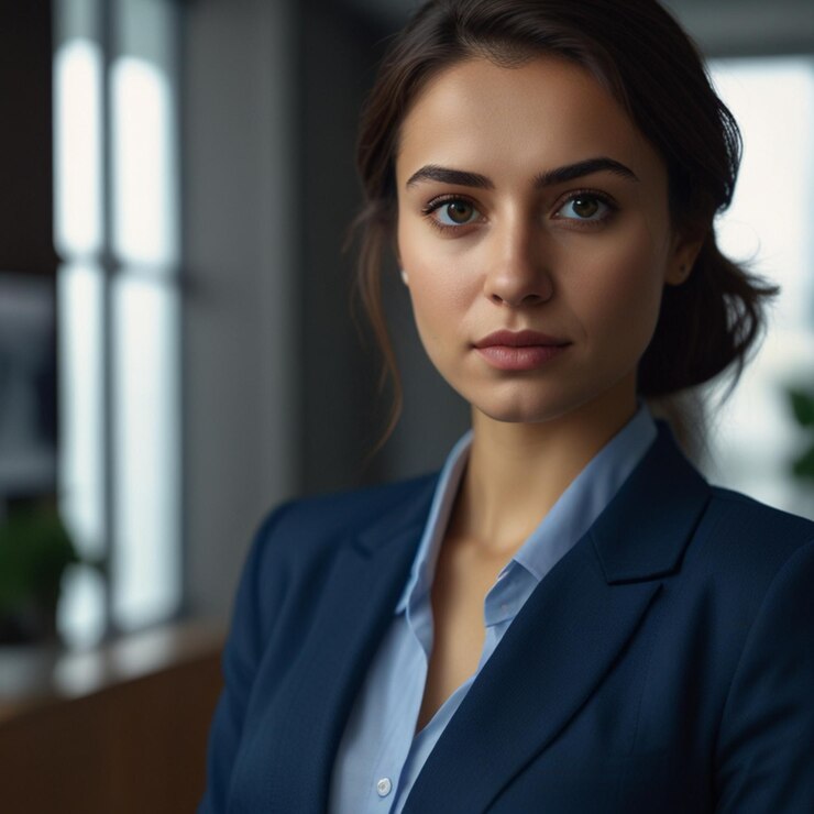 Mujer de negocios turca en traje de negocios azul