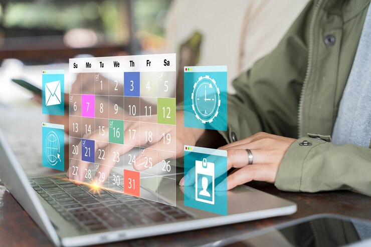 Foto mujer de negocios usando calculadora haciendo cálculos planificación empresarial calendario programa horario de trabajo