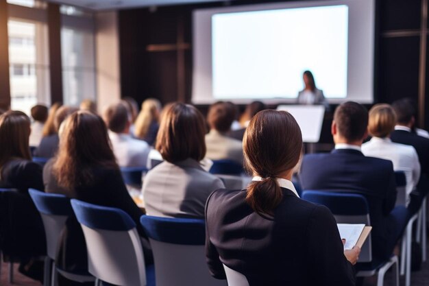 Mujer de negocios usando una pizarra en una reunión.