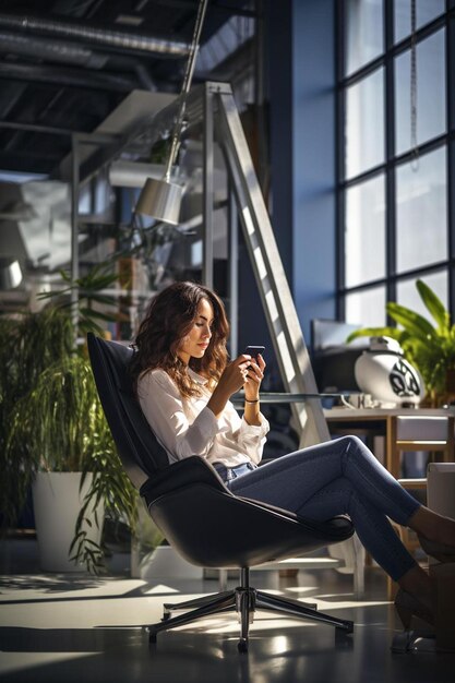 Foto mujer de negocios usando teléfono móvil en la oficina del desván