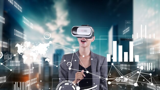 Mujer de negocios usuario haciendo zoom datos monitor dinámico del mercado por artefacto vr