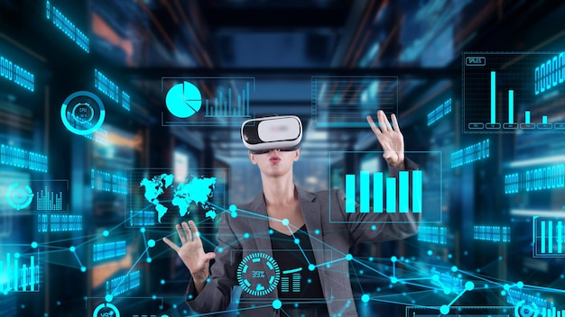 Mujer de negocios usuario haciendo zoom datos monitor dinámico del mercado por artefacto vr