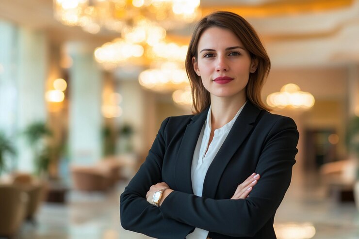 Mujer de negocios en el vestíbulo del hotel posa confiada
