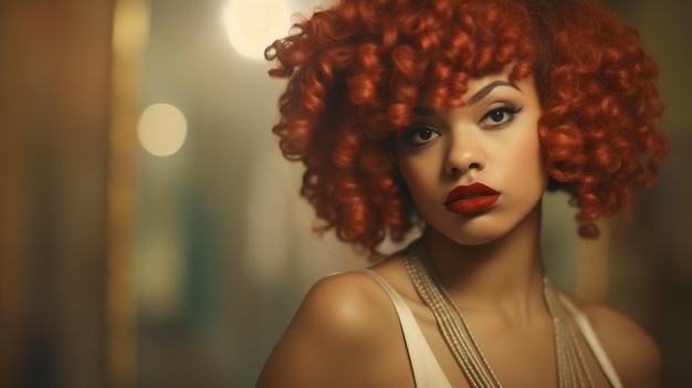 Mujer negra adolescente fotorrealista con ilustración retro de pelo rizado rojo