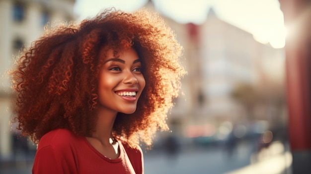 Mujer negra adolescente sonriente con foto de pelo rizado rojo