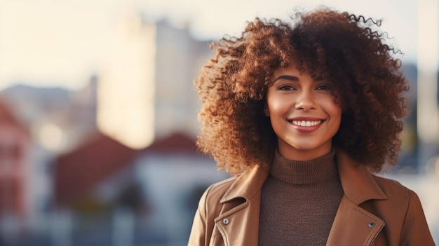 Mujer negra adulta sonriente con cabello rizado marrón Foto Retrato de una persona casual en la calle de la ciudad Ilustración horizontal fotorrealista generada por Ai