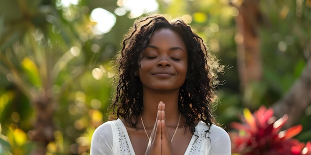 Una mujer negra alegre encuentra consuelo en la oración al aire libre irradiando fe Concepto sesión de fotos al aire libre Retratos alegres Fe y espiritualidad Oración de la mujer negra