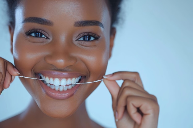 Mujer negra alegre usando hilo dental para limpiar los dientes