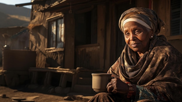 Mujer negra anciana con pañuelo sentada frente a una casa de barro bebiendo una taza de café