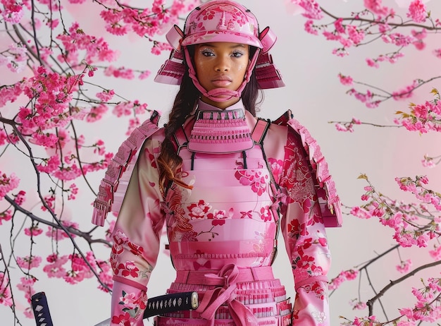 Mujer negra con armadura de samurai rosa de pie frente a las flores de cerezo