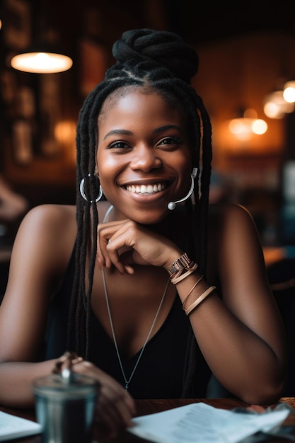 Mujer negra con auriculares y sonrisa para la música en un restaurante creado con IA generativa
