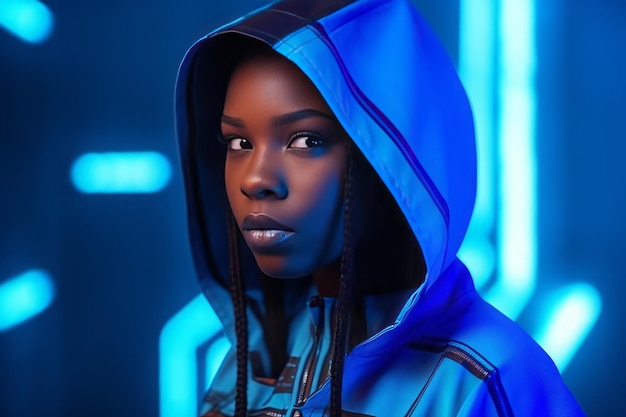 Mujer negra azul estudio de maquillaje futurista Generar Ai