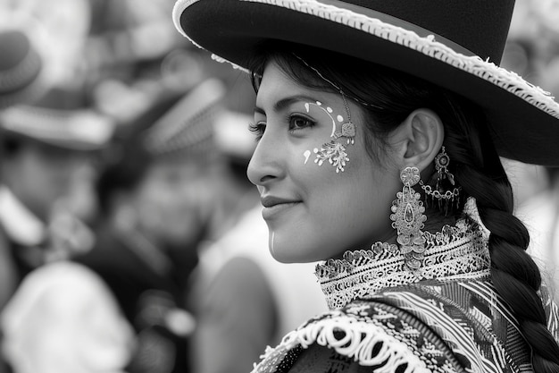 Foto mujer negra y blanca con una falda peruana y un sombrero de bolos en un evento cultural