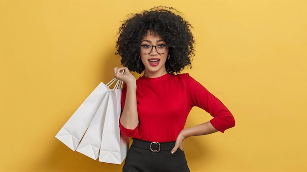 Mujer negra bonita con una bolsa de compras blanca de pie sobre un fondo amarillo