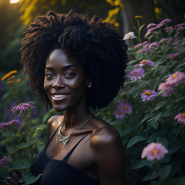 mujer negra con el cabello de back power en un colorido jardín de flores