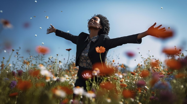 Una mujer negra en un campo de flores con los brazos extendidos IA Generativa mujer negra en un campo de flores con los brazos extendidos IA Generativa