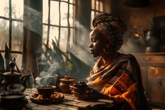 Mujer negra comiendo comida árabe