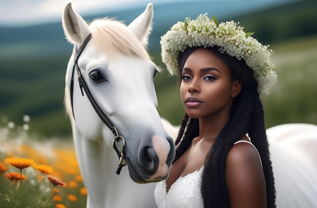 Una mujer negra con una corona de flores silvestres en la cabeza un caballo blanco de pie a su lado