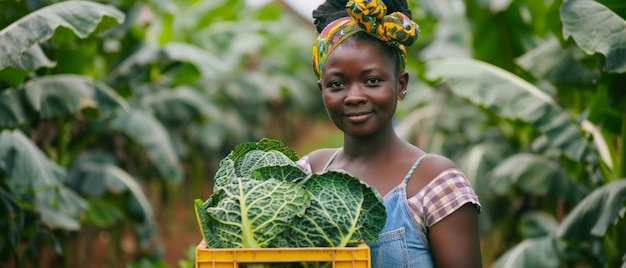 Una mujer negra dedicada sostiene una caja de repollo fresco en sus manos en una granja
