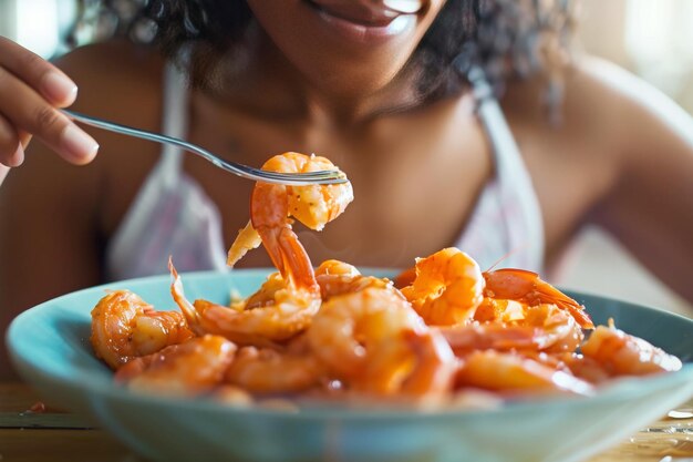 La mujer negra se deleita con los camarones hervidos.