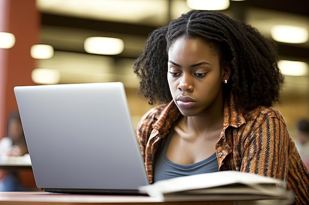 Una mujer negra elegante está escribiendo en su computadora portátil con una expresión seria en su rostro Generado por AI